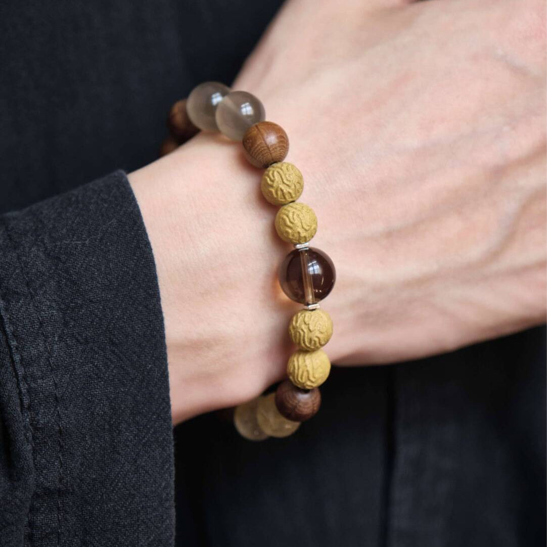 Earth Element incense bracelet with crystals and wood, money drawing