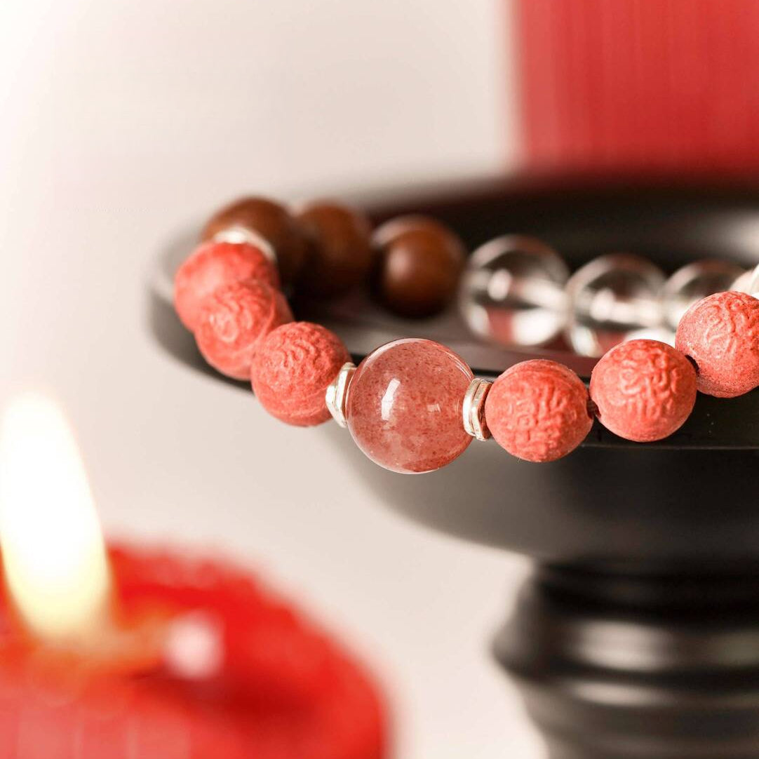 Fire Element incense bracelet with crystals and wood, helps rejuvenate