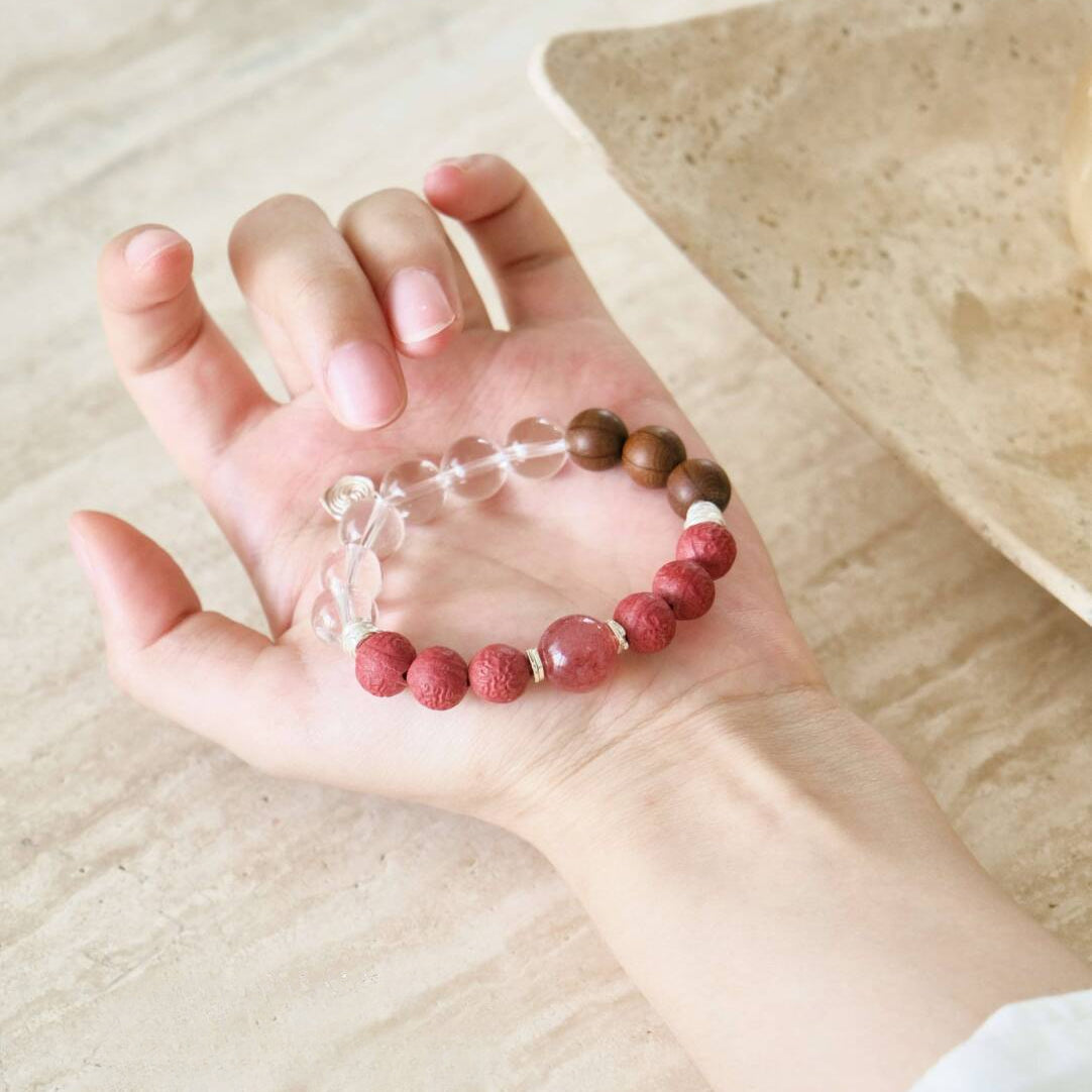 Fire Element incense bracelet with crystals and wood, helps rejuvenate