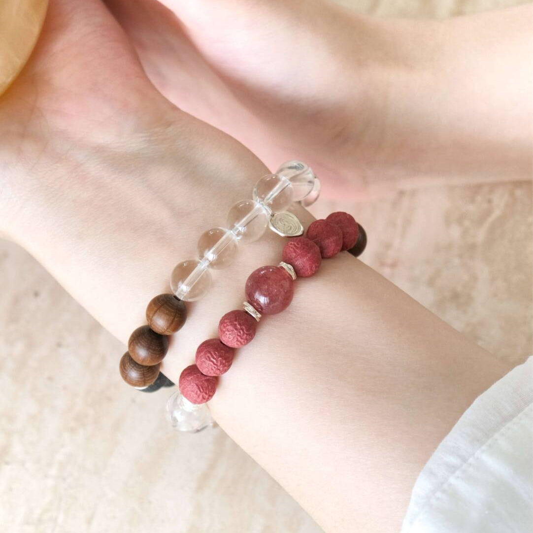 Fire Element incense bracelet with crystals and wood, helps rejuvenate