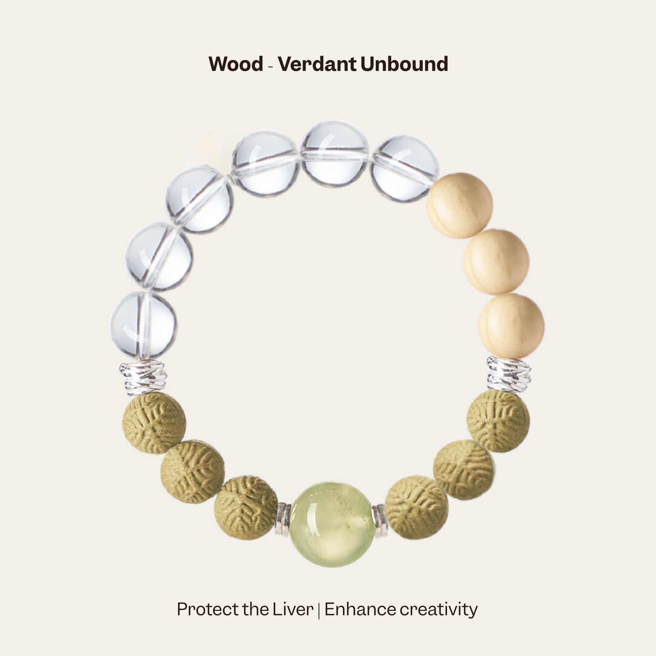 Wood Element incense bracelet with crystals and wood, helps enhance creativity