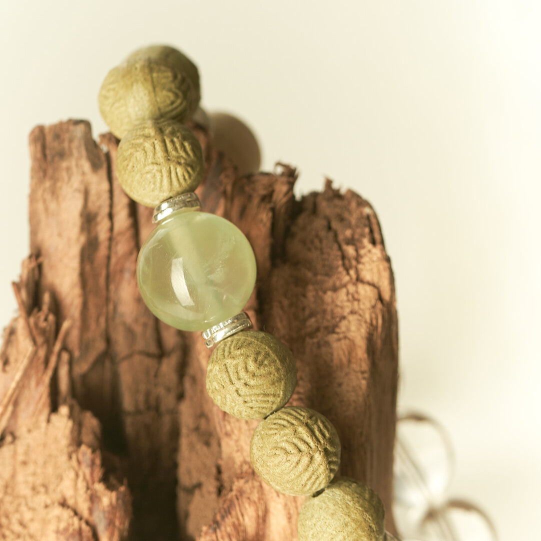 Wood Element incense bracelet with crystals and wood, helps enhance creativity