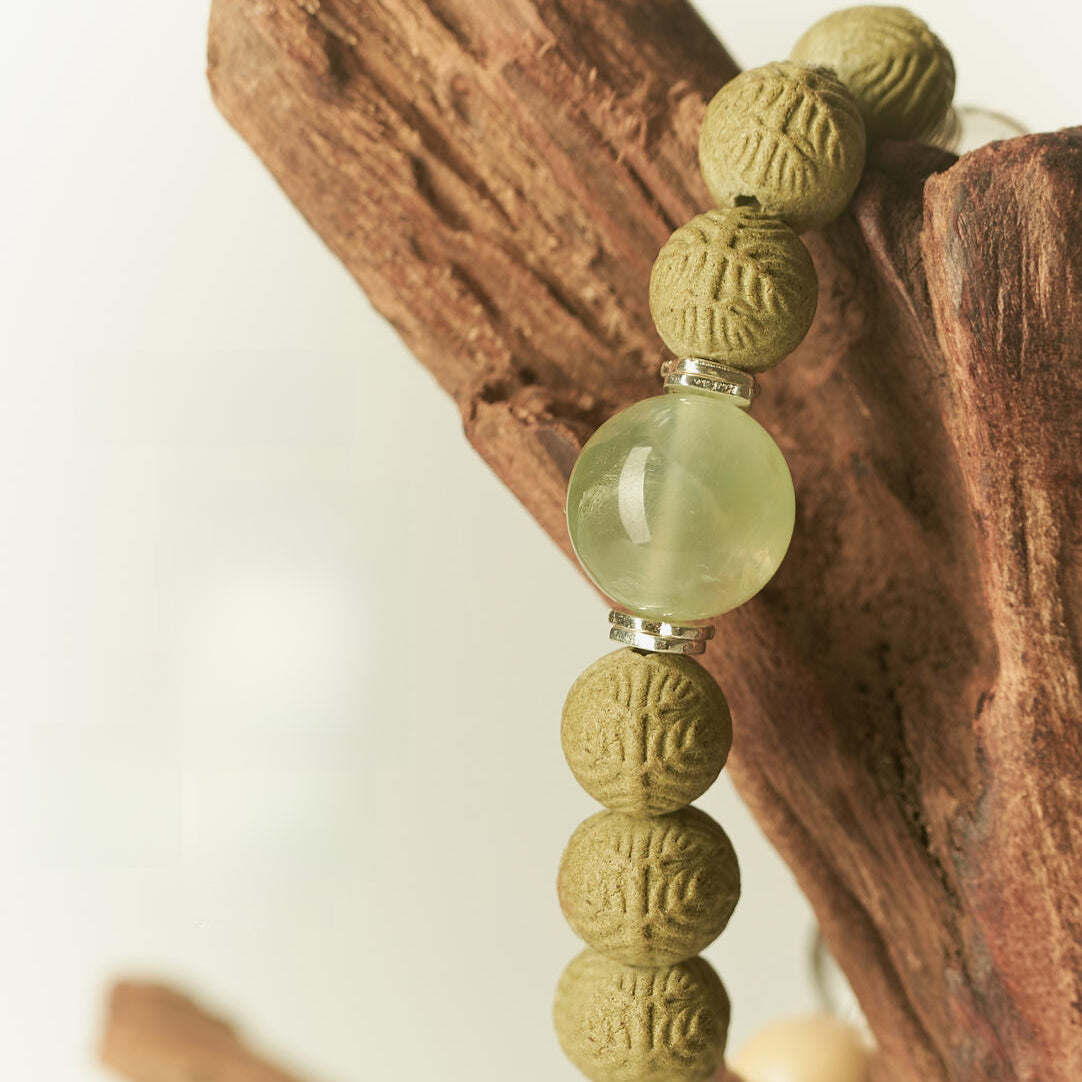 Wood Element incense bracelet with crystals and wood, helps enhance creativity