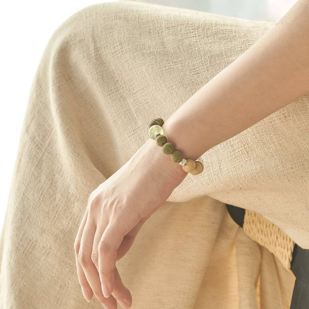 Wood Element incense bracelet with crystals and wood, helps enhance creativity