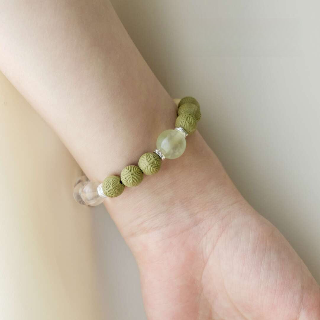 Wood Element incense bracelet with crystals and wood, helps enhance creativity